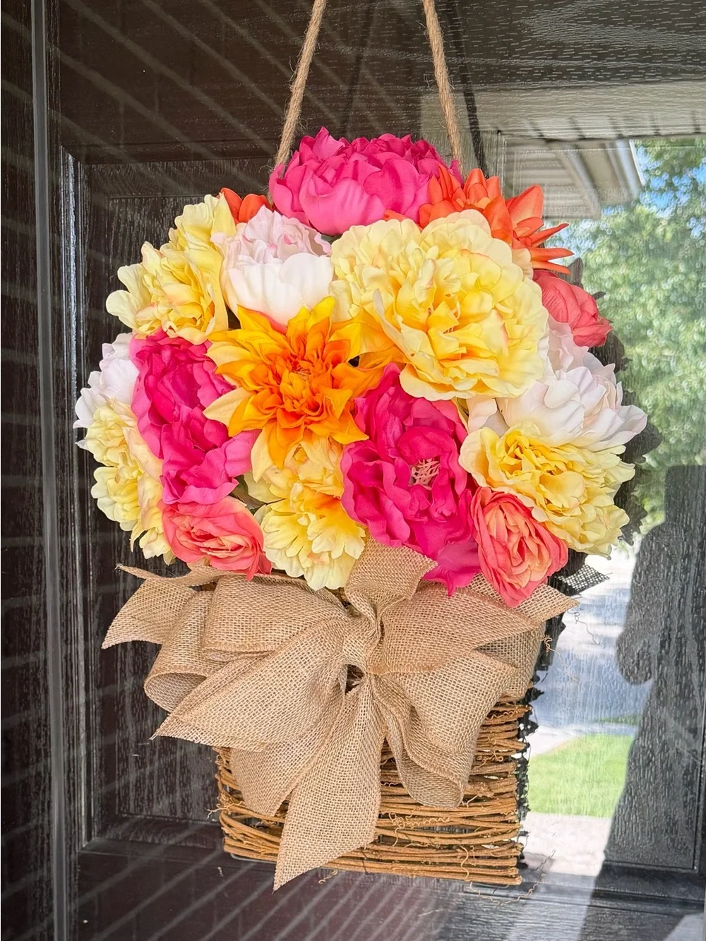 Bright Pink & Yellow Floral Hanging Basket - Unbranded